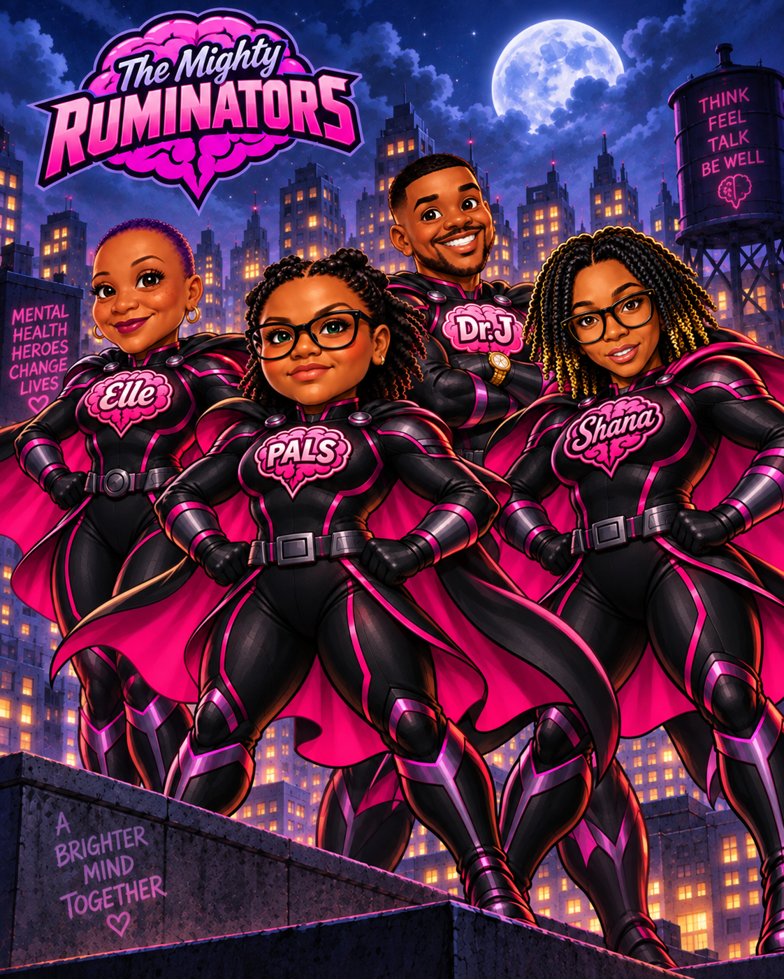 The Mighty Ruminators artwork — illustrated characters standing together in a moonlit city